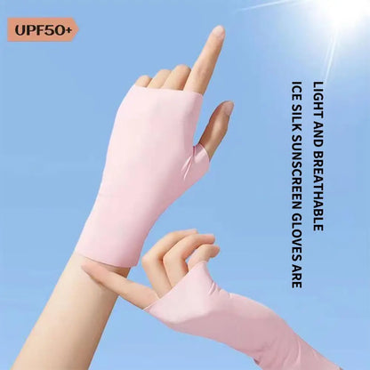 Women Fingerless Sunscreen Gloves Thin Cool Ice Silk Silky Sun Block Driving Gloves For Women Men Driving Summer UV Protection