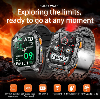 New Rugged Military Smart Watch Men 1400 mAh battery 2.01inch Bluetooth Call Health monitoring device LED flashlight Smart watch