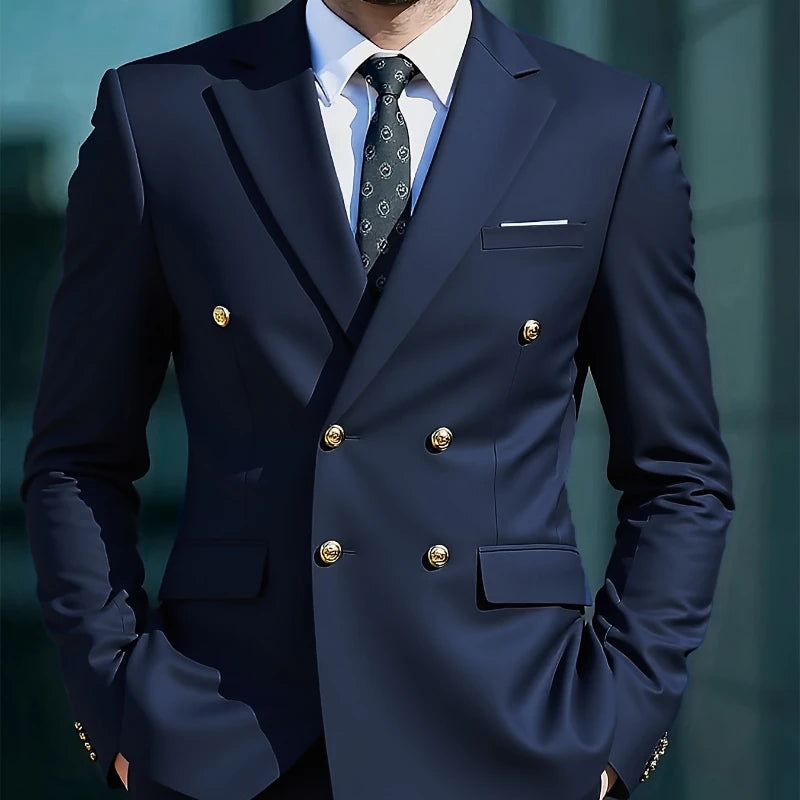 2026Business No-IronDouble-BreastedGolden Button Suit 2pcsTrendy Men's Retro Solid ColorSimpleSlimFit Stylish