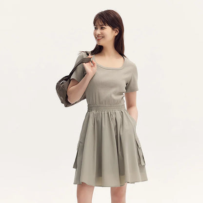 Semir Dress Women Faux Two-Piece Design Versatile 2024 Summer New Square Collar Slim Fit Short Skirt Suitable For Petite