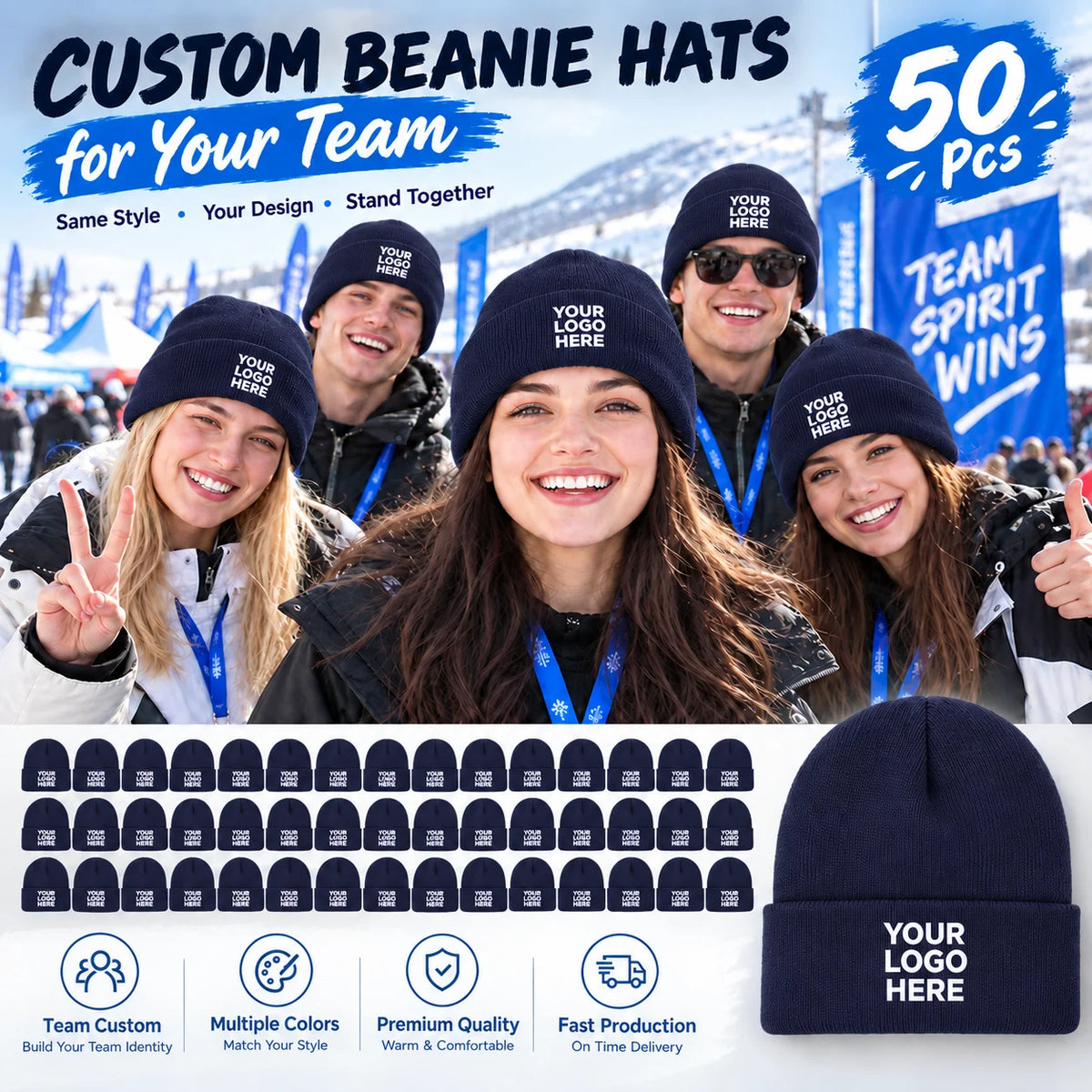 50 custom knit hats, can print personal or team logos, perfect for teams, companies, events, and group gifts