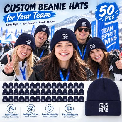 50 custom knit hats, can print personal or team logos, perfect for teams, companies, events, and group gifts
