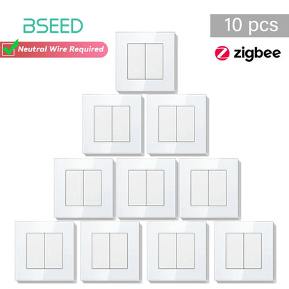 Bseed Zigbee Button Switchs Need Neutral Wire Tuya Smart Life Alexa App Control Glass Frame 86*86mm White Light Switch