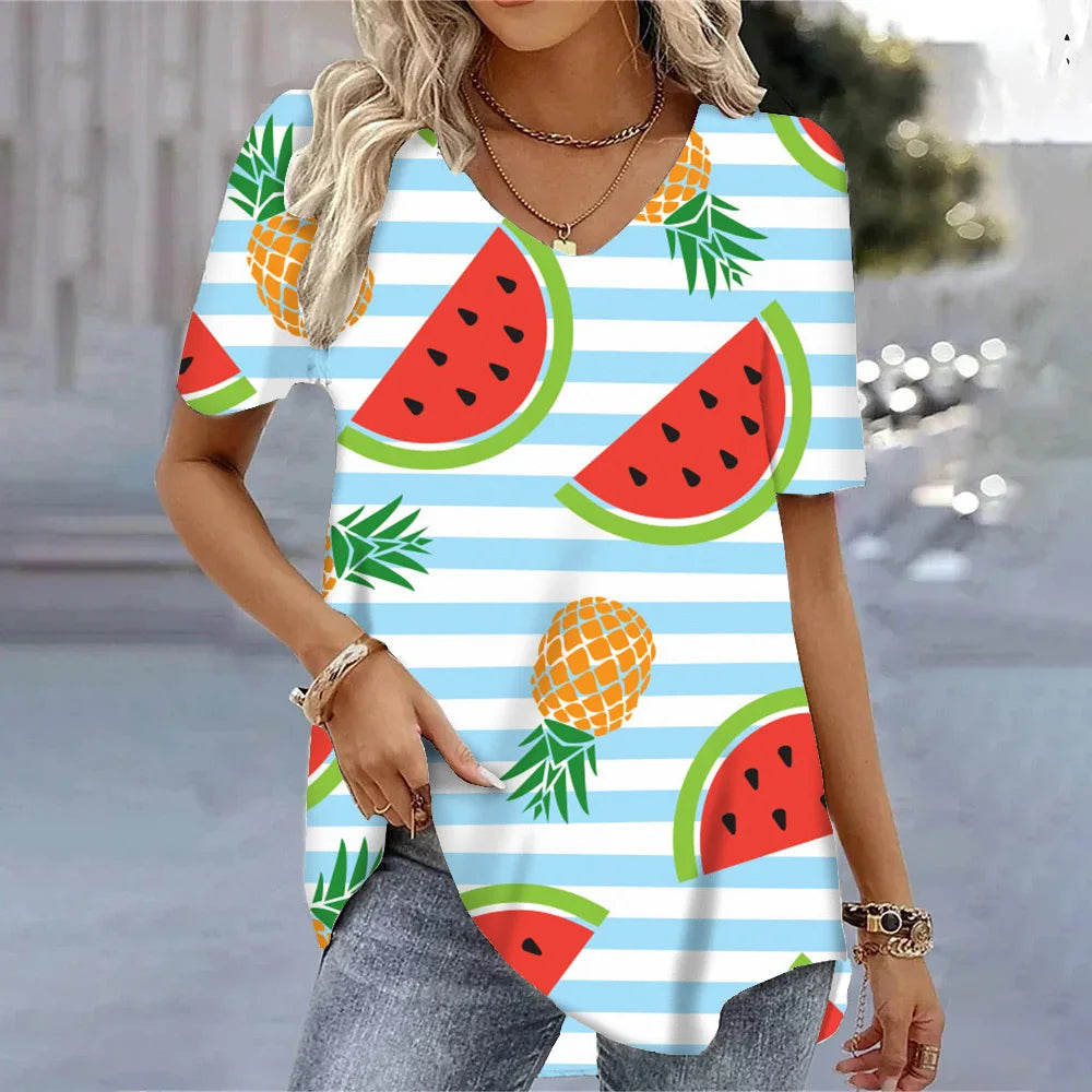 3D Watermelon Printed Women's V-neck Tee Shirts Summer Cool Short Sleeves Tops Fashion Casual Loose Pullovers Female T-shirts