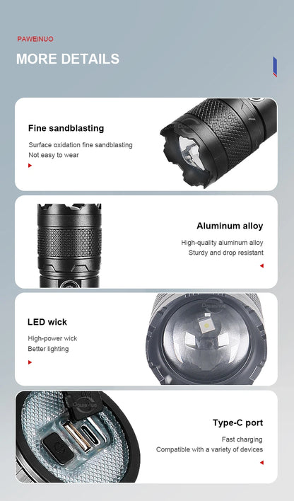 High Power ABS Flashlight White Laser Flashlight Built-in Battery Type-C Charging Tactical Torch Multifunctional Emergency Lamp