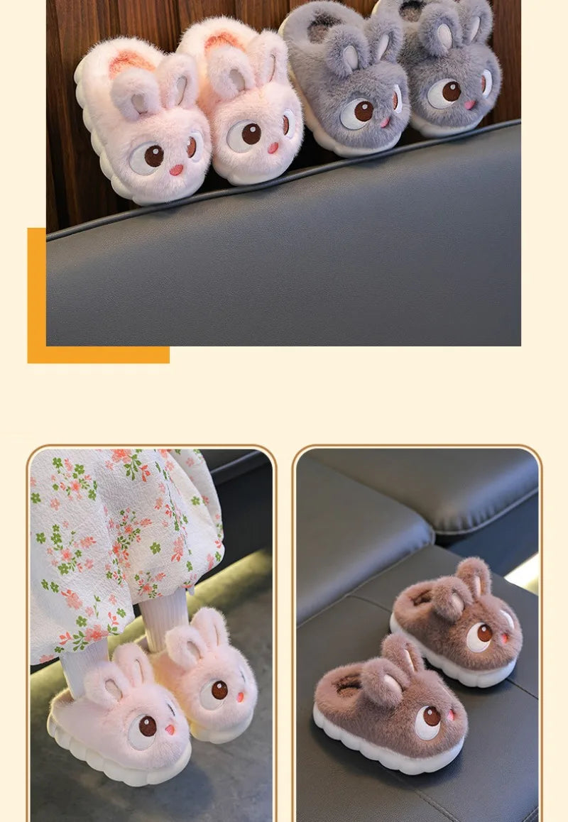 New Winter Cute Big eyed Rabbit Children's Waterproof Warm Non-slip Fluffy Slippers For Girls Boys Kids Indoor Home Cotton Shoes