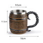 Viking Wood Style Beer Mug, Simulated Wooden Barrel Double Wall Metal Insulated Cup, 1Pc Bar Drinking Mug
