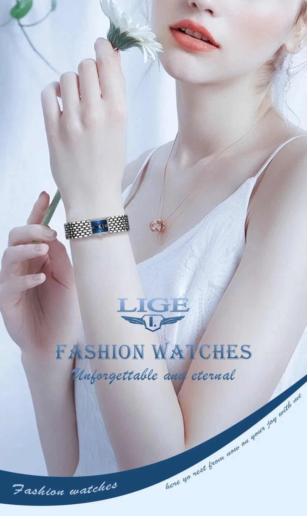 LIGE New Design Ladies Watch Fashion Quartz Wristwatch Silver Simple Square Women Watches Luxury Stainless Steel Folding Clock