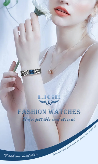 LIGE New Design Ladies Watch Fashion Quartz Wristwatch Silver Simple Square Women Watches Luxury Stainless Steel Folding Clock