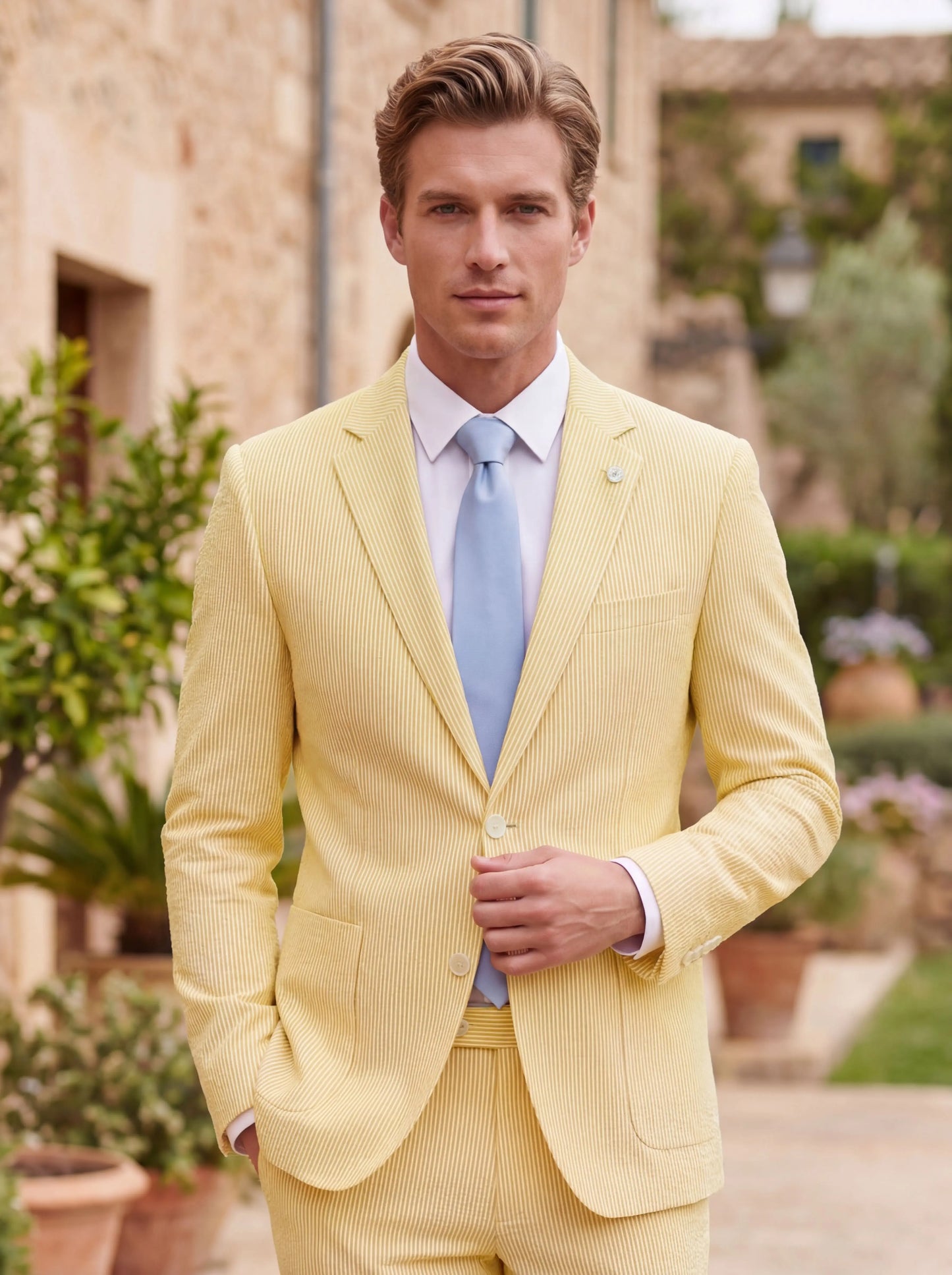 Men Summer Striped Seersucker 2 Piece Suit Wrinkle Free Light Blazer Trousers All Match Gentleman Daily Outfit