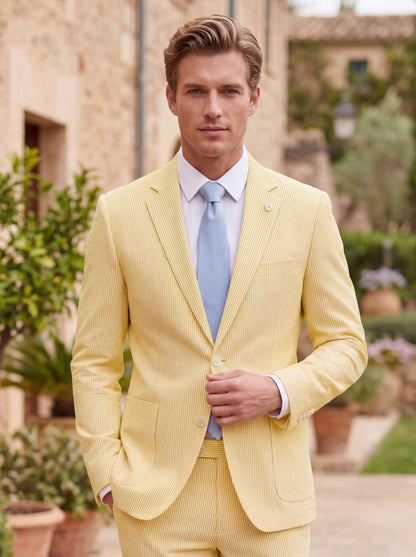 Men Summer Striped Seersucker 2 Piece Suit Wrinkle Free Light Blazer Trousers All Match Gentleman Daily Outfit