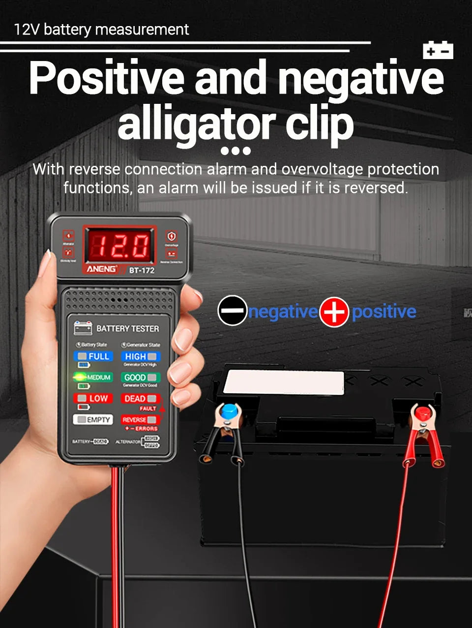 Car Battery Load Tester ANENG BT-172 Voltage Meter Gauge Digital Display Car Battery Monitor Amp Meter with Alligator Clips Tool