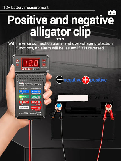 Car Battery Load Tester ANENG BT-172 Voltage Meter Gauge Digital Display Car Battery Monitor Amp Meter with Alligator Clips Tool