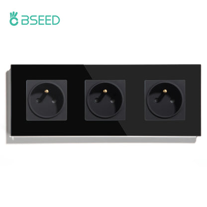 BSEED France Standard Single Wall French Socket Double Power Plug With White Black Gloden Crystal Glass Panel 16A 110V-250V