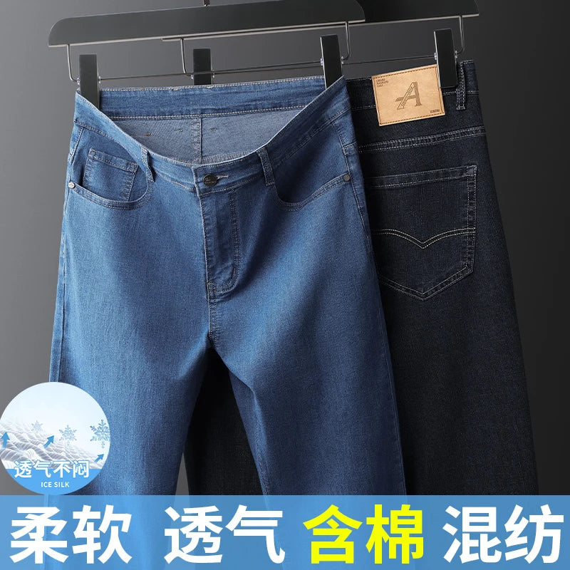 Men's Thin Jeans Spring Summer Fashion Breathable Cotton Blend Solid Color Business Casual Pants Simple Versatile Work Commute