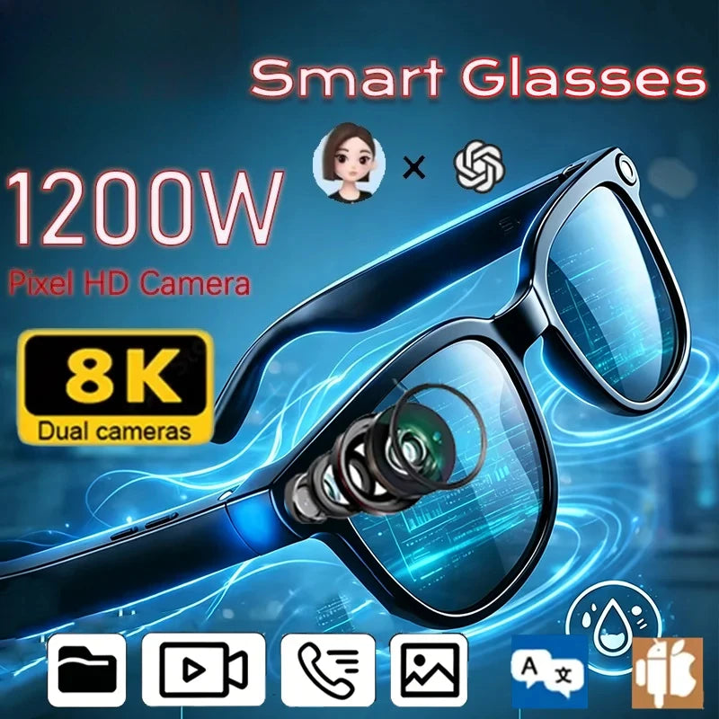 AI Smart Wireless Glasses Bluetooth Sunglasses Remote 8K Control Touch Photo Camera Recording Voice Assistant Translator