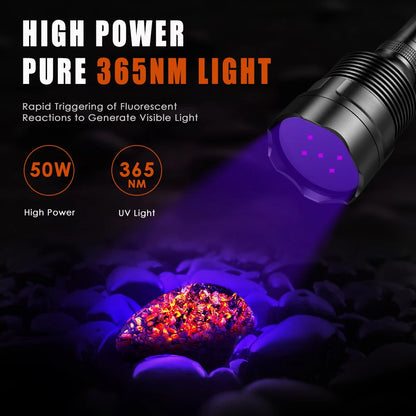 UniqueFire 50W UV500 365NM Black Light LED Flashlight High Power and Long Range Grade Beam Best for Professional/Commercial Use