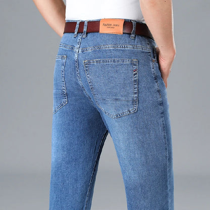 2026 Summer Brand Business Casual Men's Straight Denim Softener Lightweight Jeans Classic Embroidered Cotton Stretch Thin Pants