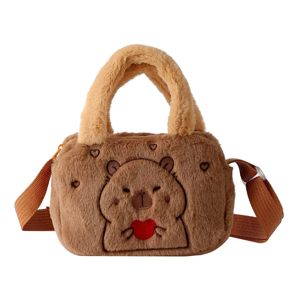 Stylish Cute Embroidered Capybara Plush Handbag Kawaii Cartoon Plush Shoulder Bag Lightweight Soft Small School Bag Square Bag