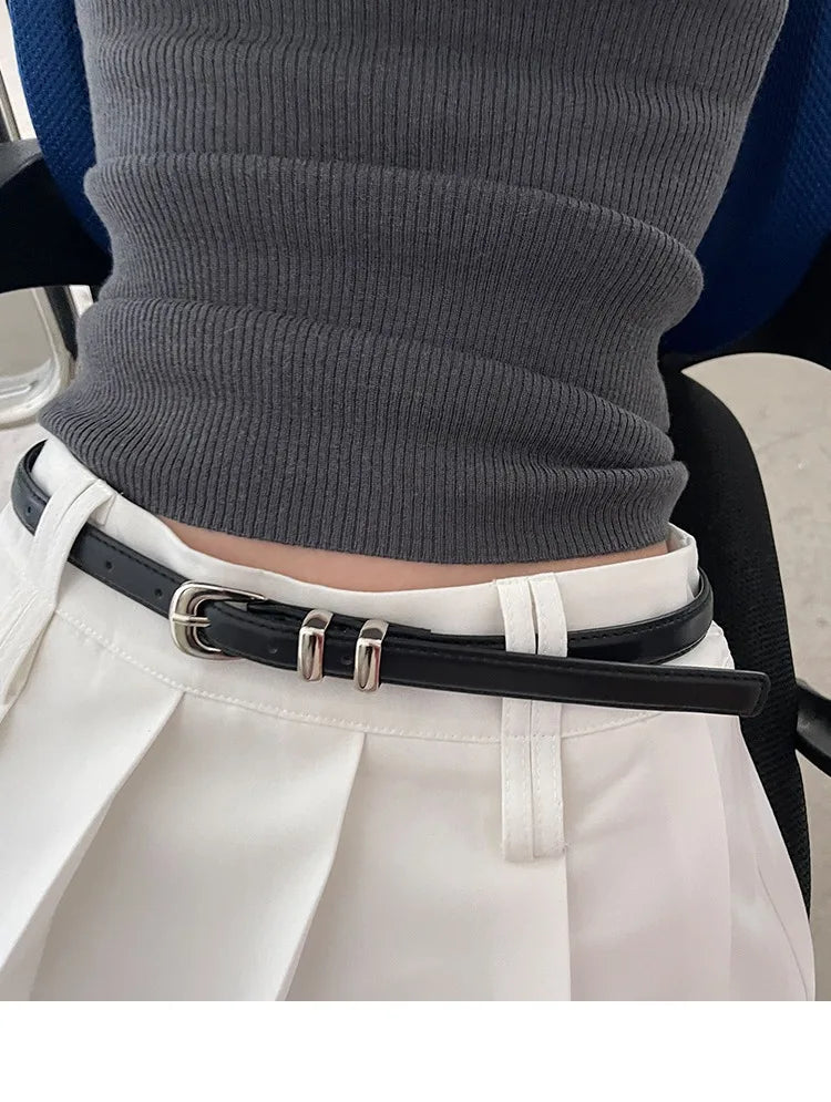 Woman's Fashionable Belts Black Simple Thin PU Belts Trousers Skirt Versatile Belts Student's Casual Belt