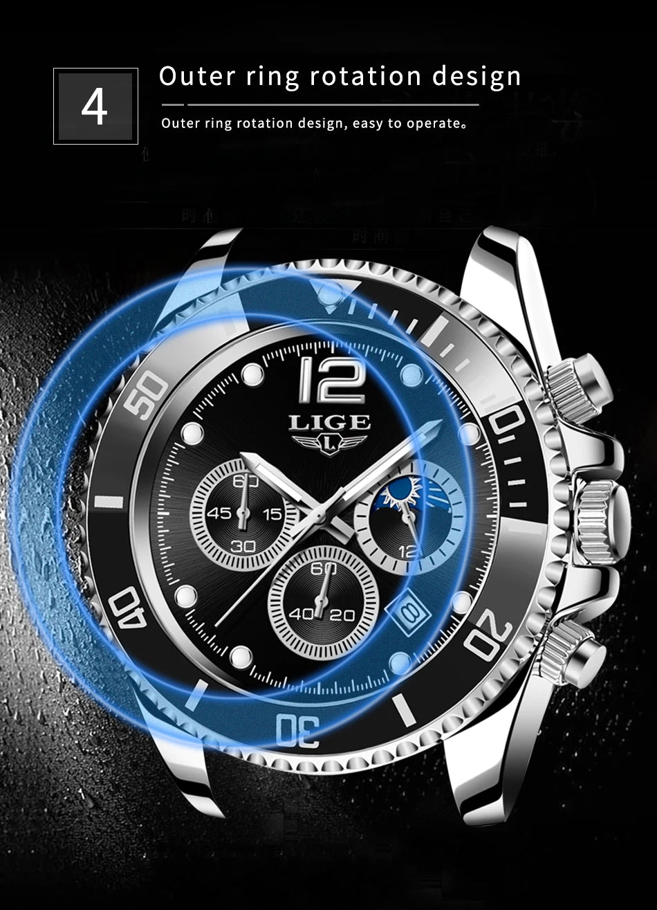 LIGE Outdoor Sport Watch For Men Fashion Military Waterproof Luminous Men Watch Round Stainless Steel Quartz Chronograph Male