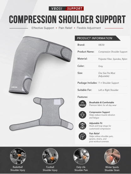 VBOSI Adjustable Compression Shoulder Support Brace Breathable Sports Shoulder Wrap for Men Women Gym Basketball Pain Relief Inj