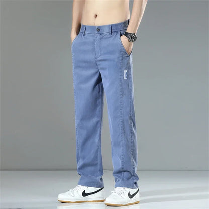 Summer Thin Men's Loose Straight Jeans Lyocell Soft Drape Business Casual Trousers Classic Smoke Gray Brand Ice Silk Denim Pants