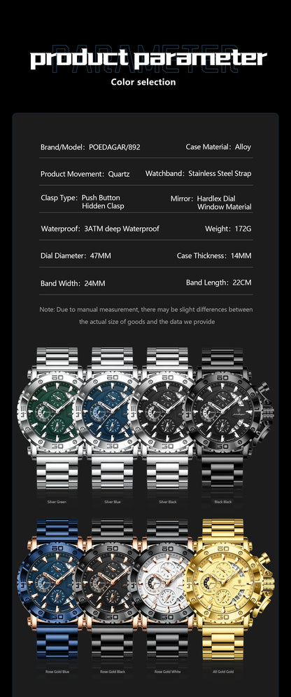 POEDAGAR Top Business Men's Wristwatch Luminous Waterproof Man Clock Chronograph Calendar Stainless Steel Quartz Watches For Men