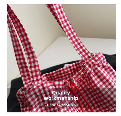 Cute Plaid Cotton Tote Bag Large Capaci Lace Trim Women's Summer 2026 Simple Lady Handbag Soft Shoulder Bags Bolsa Feminina