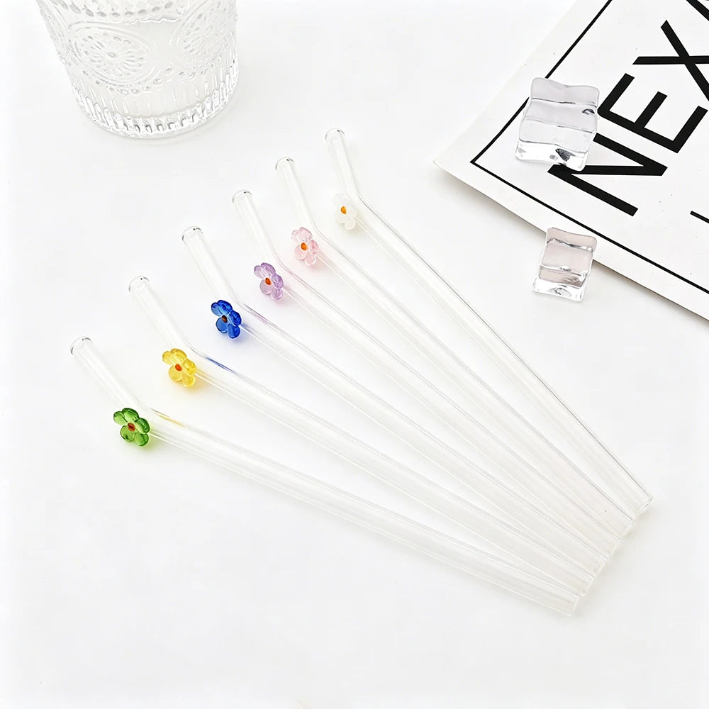 6PCS Reusable Drinking Straws Cute Flower Glass Straws with Cleaning Brush for Coffee Lover Smoothies Frozen Drinks Tea Juice
