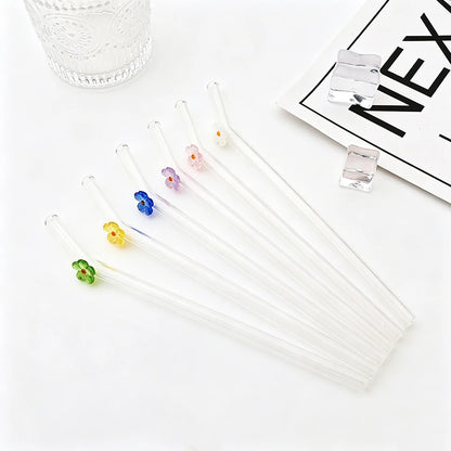 6PCS Reusable Drinking Straws Cute Flower Glass Straws with Cleaning Brush for Coffee Lover Smoothies Frozen Drinks Tea Juice