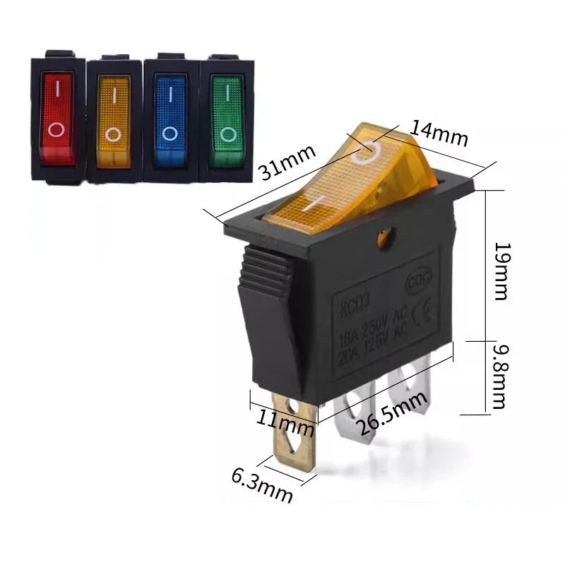 5/20PCS KCD3 Rocker Switch ON-OFF ON-OFF-ON 2 Position 3Pins Electrical Equipment with Light Power Switch 16A 250V / 20A 125V AC