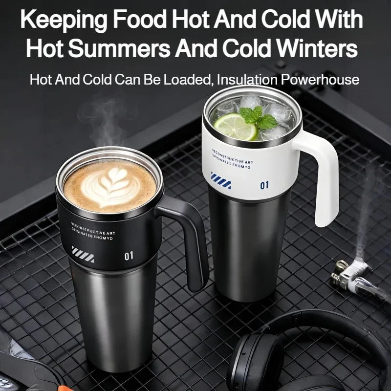 1L 304 Stainless Steel Vacuum Insulated Water Bottle One Touch Flip Lid Thermos Mug with Straw Handle for Car Travel Home Daily