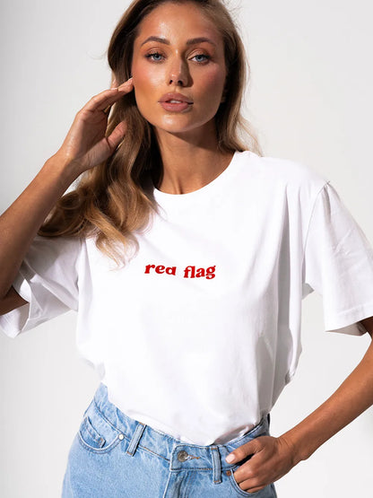 Red Flag T-Shirt Letter Print Women's T-Shirt Cotton Simple Design Summer Fashion Tee Boutique Drop Sleeve