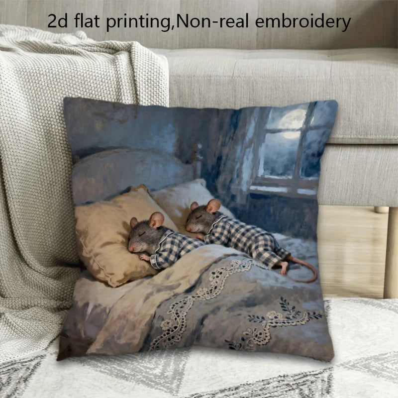 Cute Sleeping Mice Pillowcase, Plaid Pajamas Rat Cushion Cover, Funny Animal Art Decor for Living Room Sofa
