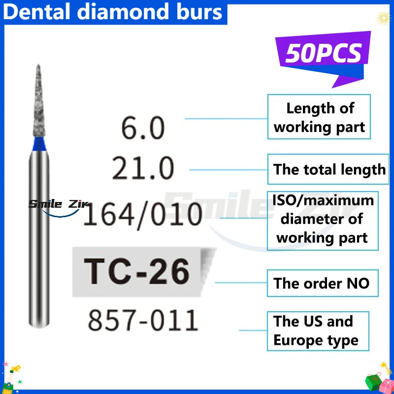 50Pcs Dental Dentist Diamond Burs Drill FG 1.6mm Bur for High Speed Handpiece FG Dental Bur Stomatology Dentistry Grinding Tools