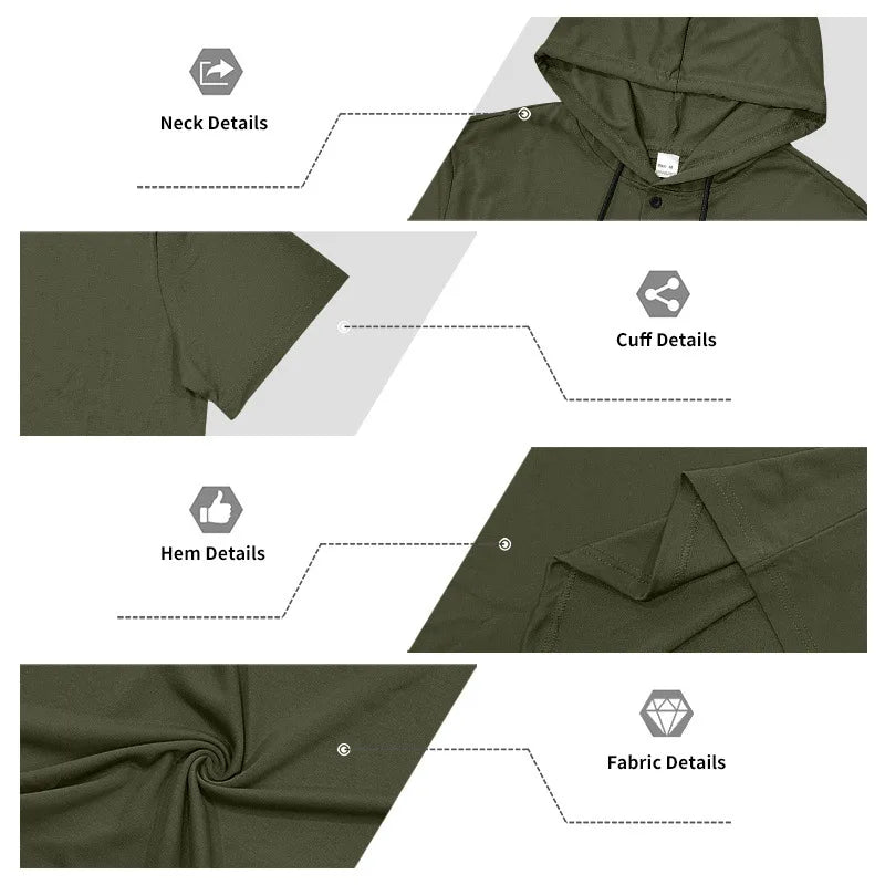 Summer Men's Short Sleeve Hooded T-Shirt Henry Neckline Drawstring Design Casual Loose Breathable Sporty Vest