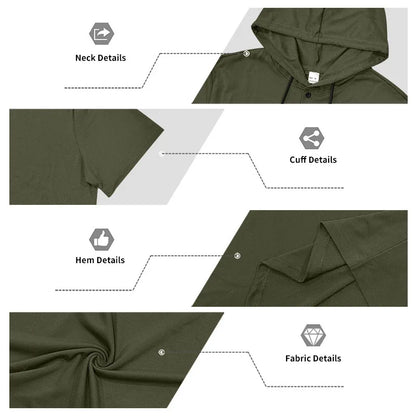 Summer Men's Short Sleeve Hooded T-Shirt Henry Neckline Drawstring Design Casual Loose Breathable Sporty Vest