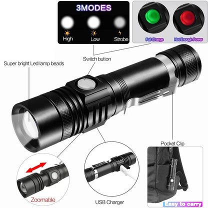Aluminum Alloy Portable Torch Powerful LED Flashlight USB ReChargeable Outdoor Tactical Zoom Camping Waterproof Flash Light
