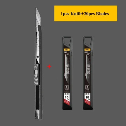 Deli Retractable Office Use Utility Knife High Carton Steel 9mm 30 Degree Blade Box Cutter Self-Locking Design Cutting Knives