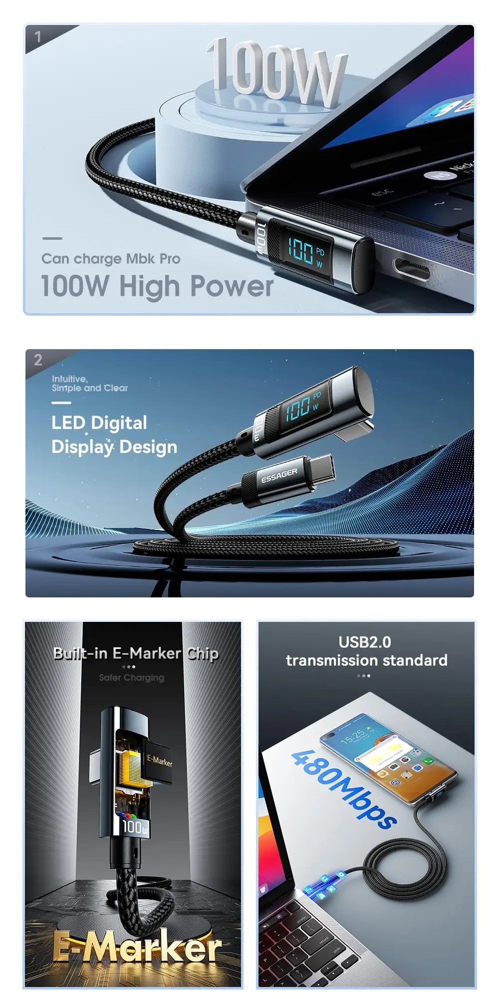 Essager PD100W USB C to Type C Cable Fast Charging Cable 90 Degree Elbow With Display For Iphone 15 Huawei Samsung Macbook Pro