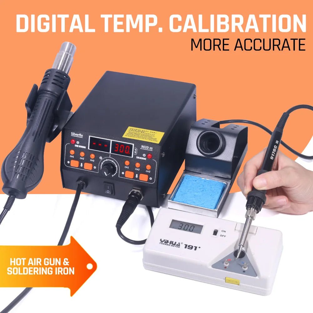 Silverflo 902D-III Rework Soldering Station 2 in 1 Hot Air  Welding Station with 3 Pre-set Channels,Sleep Mode for SMD Rework