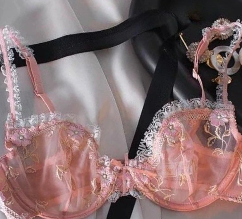 French Embroidered Lace Sheer Bra Set Women, Thin No Sponge Cups, Anti-Slip Support, Large Breasts Small Soft Comfort Wear S-xl