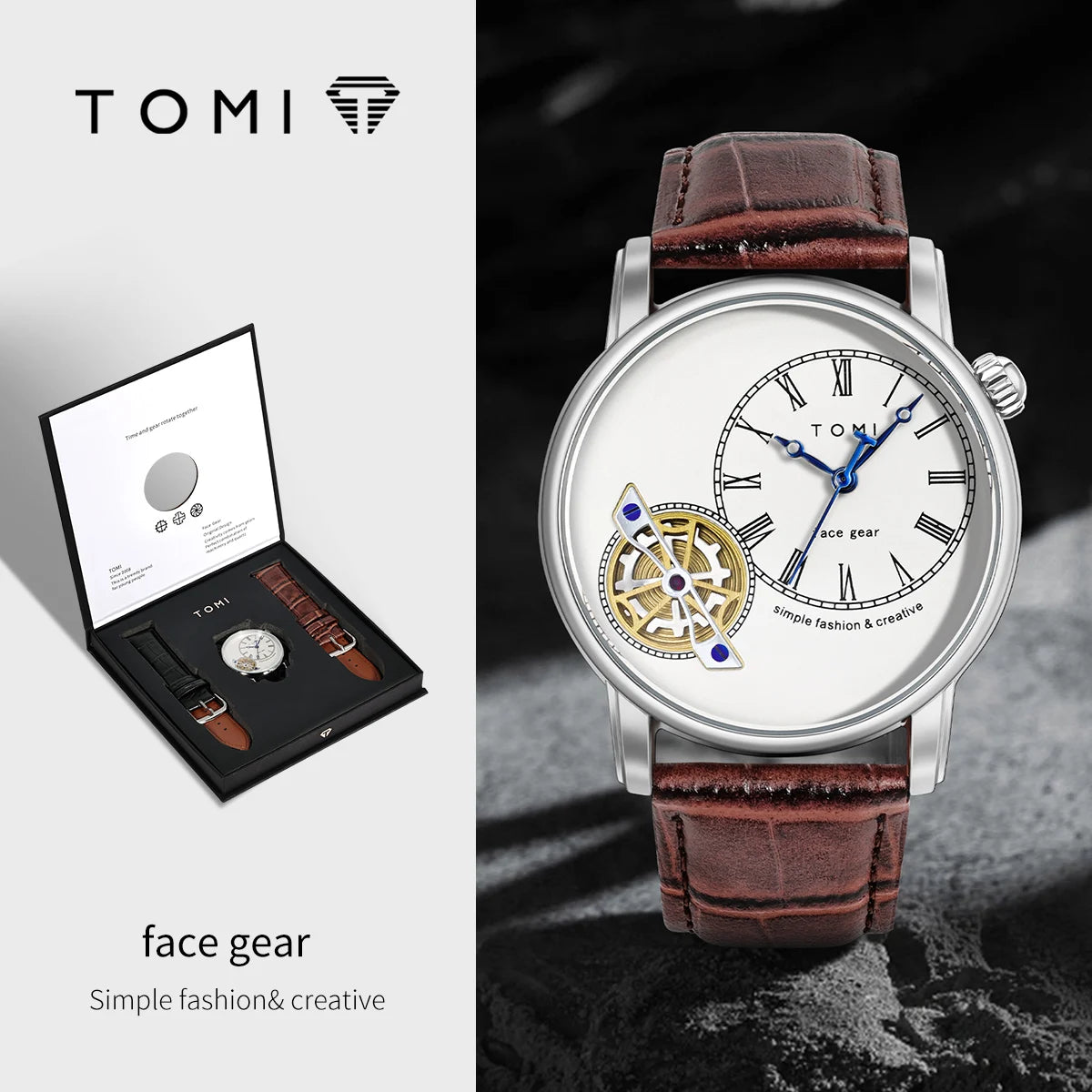 TOMI Set Gift Box Luxury and Fashionable Men's Quartz Watch Leisure Calendar Double Strap Quartz Watch Festival Gift