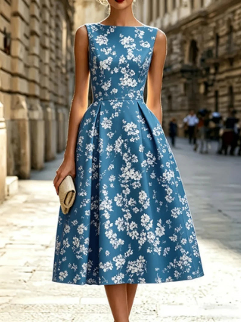 Floral Short-Sleeve Dress Round Neck Fitted Waist A-Line Mid-Length European Style French Charm Women's Casual Dresses
