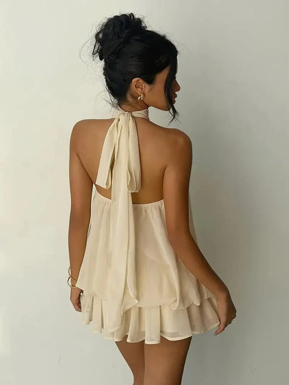 2026 Women's Elegant Halter Neck Sleeveless Ruffled Layered Chiffon Mini Dress Casual Summer Party Dress for Beach Vacation Y2K