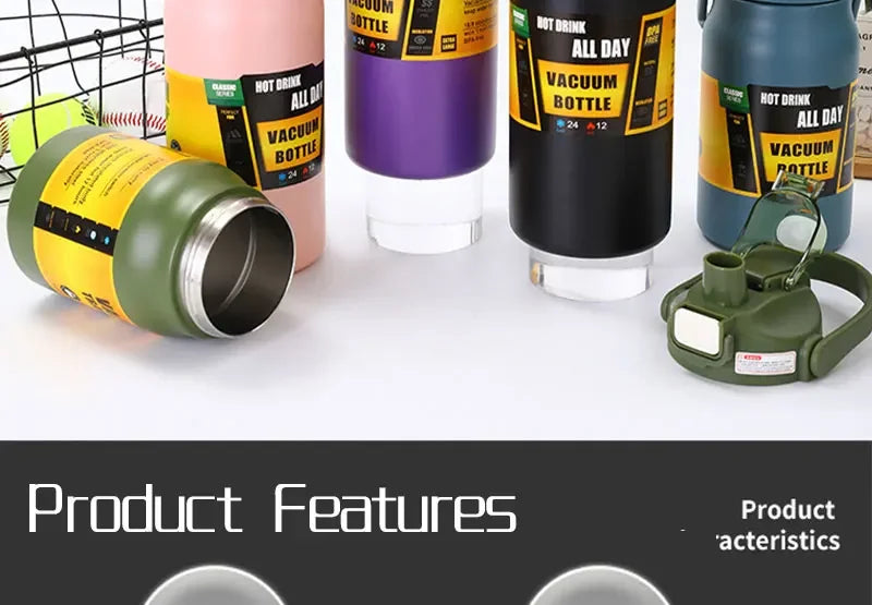 Stainless Steel Vacuum Bottle Large Capacity 1.2L/1.5L Insulated Thermo Water Flask Dual Use Lids Direct Straw Sport Gym Tumbler