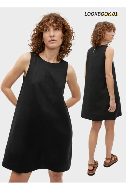 Classic Solid Color Cotton-Linen Women's Dress New Arrival Simple Sleeveless Tank Dress Casual Round-Neck Summer Dresses