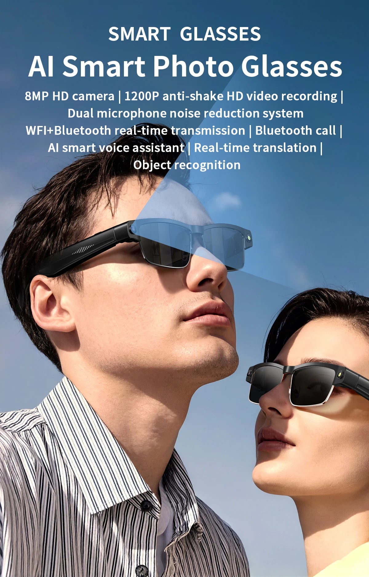 800W Pixel Camera Smart Glasses Photo Video Record BT Call Al Object Recognition Voice Assistant Translation Music Sunglasses