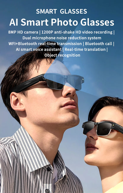 800W Pixel Camera Smart Glasses Photo Video Record BT Call Al Object Recognition Voice Assistant Translation Music Sunglasses